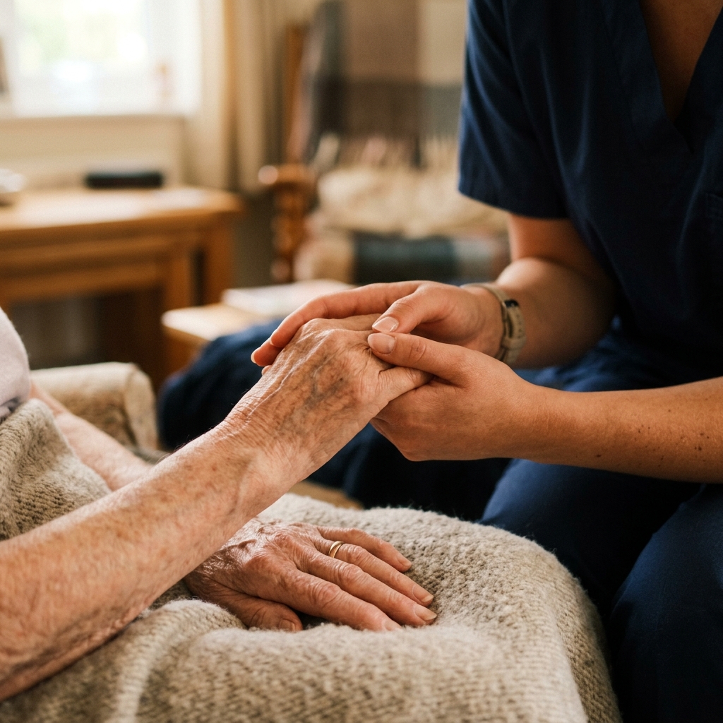 Caregiver holding hand of elderly senior showing trust and care