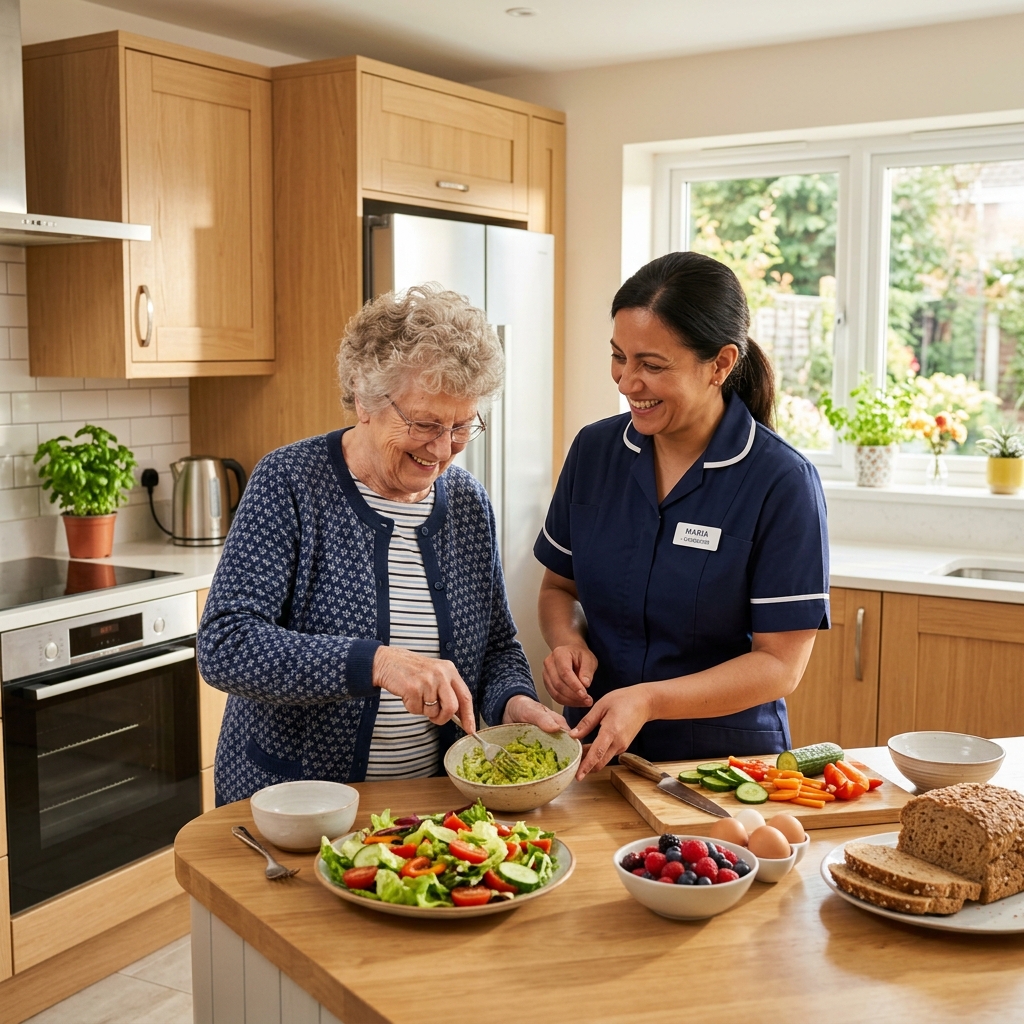 Caregiver assisting elderly client with daily kitchen support in a clean modern kitchen